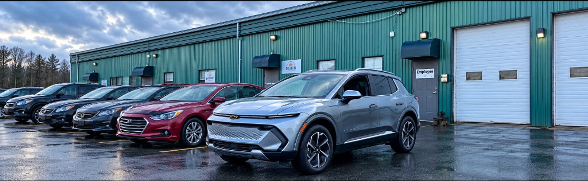 A silver SUV and a row of cars outside a teal workshop building.
