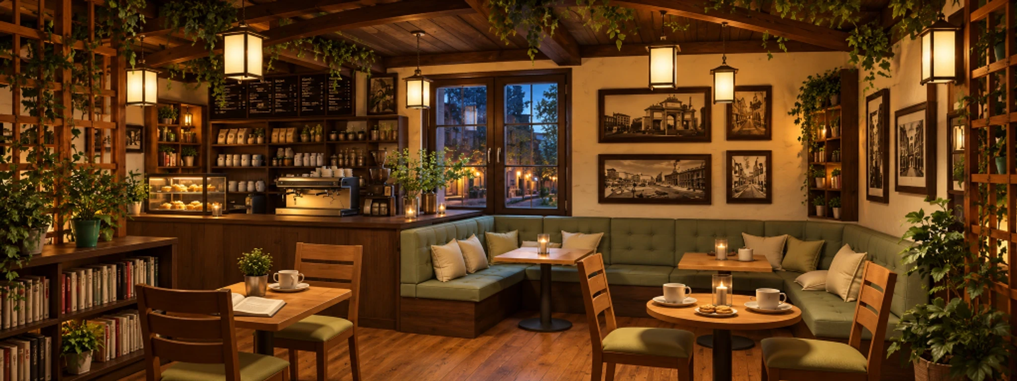 A warmly lit café interior with tables, upholstered seating, hanging lights and plants.